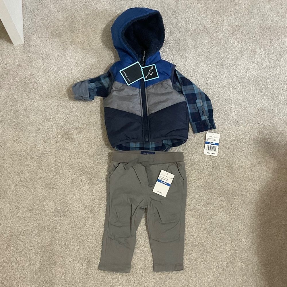Andy and Evan infant boys 2pc Hooded Puffer Vest Shirt and Pants set 9-12M